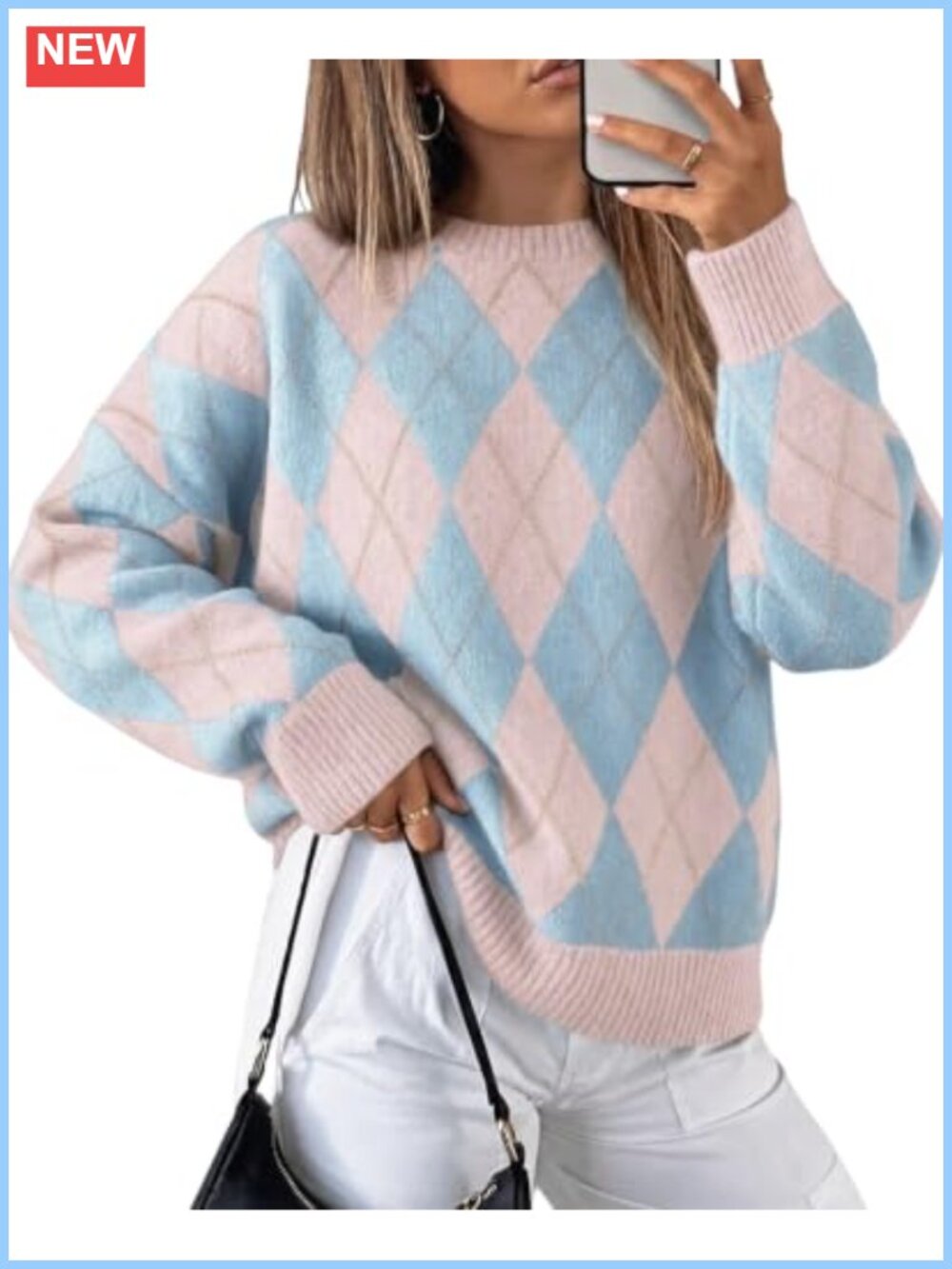 Oversized Argyle Plaid Knit Pullover Sweater Long Sleeve Lightweight Women's